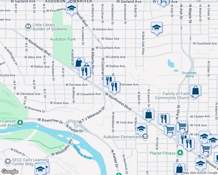 map of restaurants, bars, coffee shops, grocery stores, and more near 2411 West Fairview Avenue in Spokane