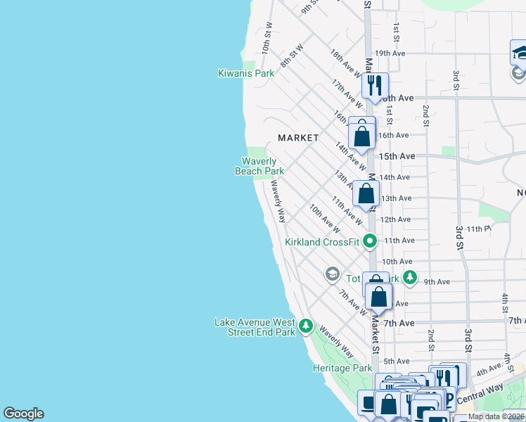map of restaurants, bars, coffee shops, grocery stores, and more near 537 5th Avenue West in Kirkland