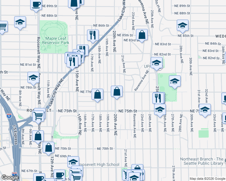 map of restaurants, bars, coffee shops, grocery stores, and more near 7701 20th Avenue Northeast in Seattle