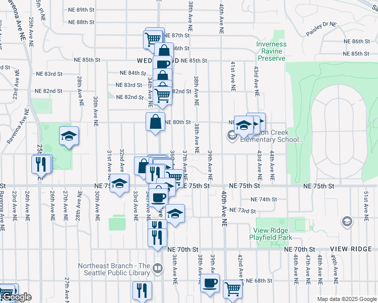 map of restaurants, bars, coffee shops, grocery stores, and more near 7703 38th Avenue Northeast in Seattle
