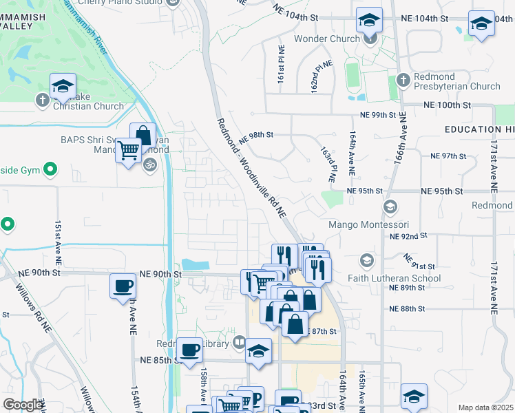 map of restaurants, bars, coffee shops, grocery stores, and more near 16036 Northeast 94th Way in Redmond