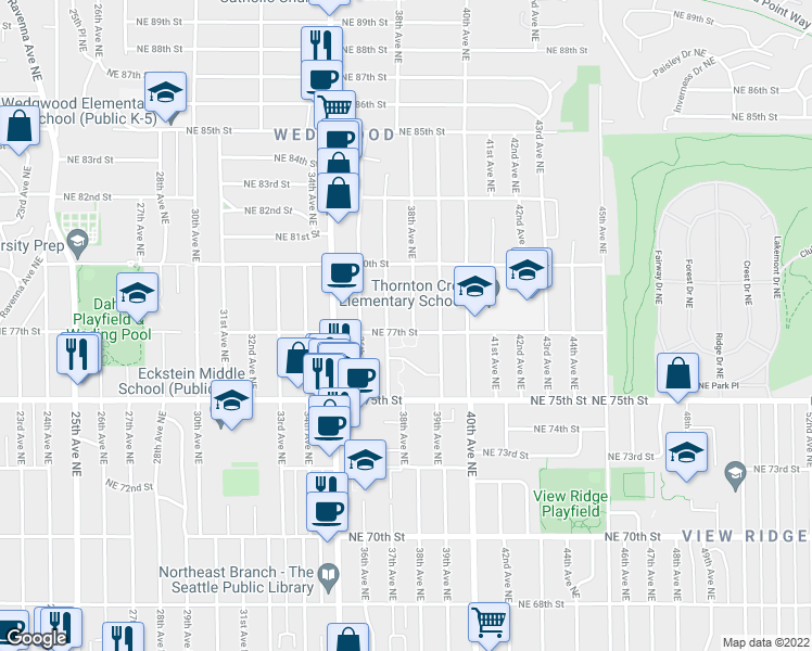 map of restaurants, bars, coffee shops, grocery stores, and more near 7703 38th Avenue Northeast in Seattle