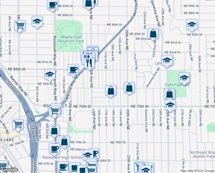 map of restaurants, bars, coffee shops, grocery stores, and more near 1702 Northeast 77th Street in Seattle