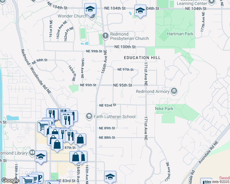 map of restaurants, bars, coffee shops, grocery stores, and more near 9406 167th Avenue Northeast in Redmond
