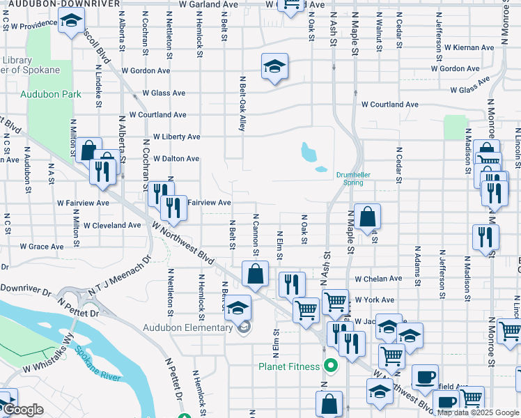 map of restaurants, bars, coffee shops, grocery stores, and more near 1927 West Fairview Avenue in Spokane