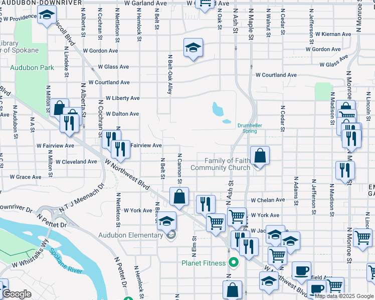map of restaurants, bars, coffee shops, grocery stores, and more near 1927 West Fairview Avenue in Spokane