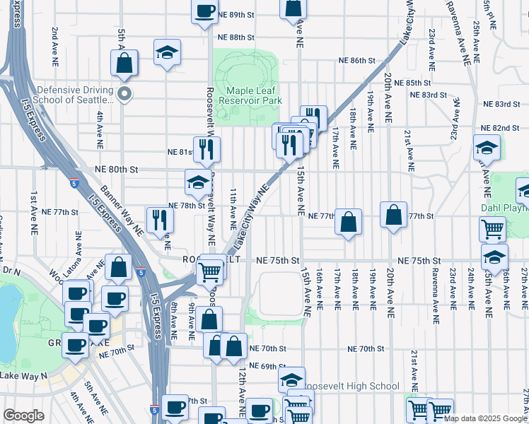map of restaurants, bars, coffee shops, grocery stores, and more near 1210 Northeast 77th Street in Seattle