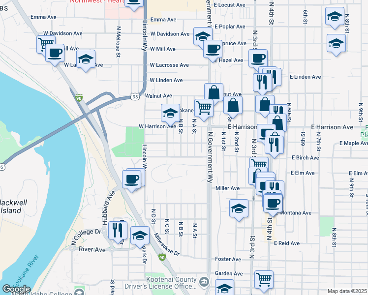 map of restaurants, bars, coffee shops, grocery stores, and more near 1058 North B Street in Coeur d'Alene
