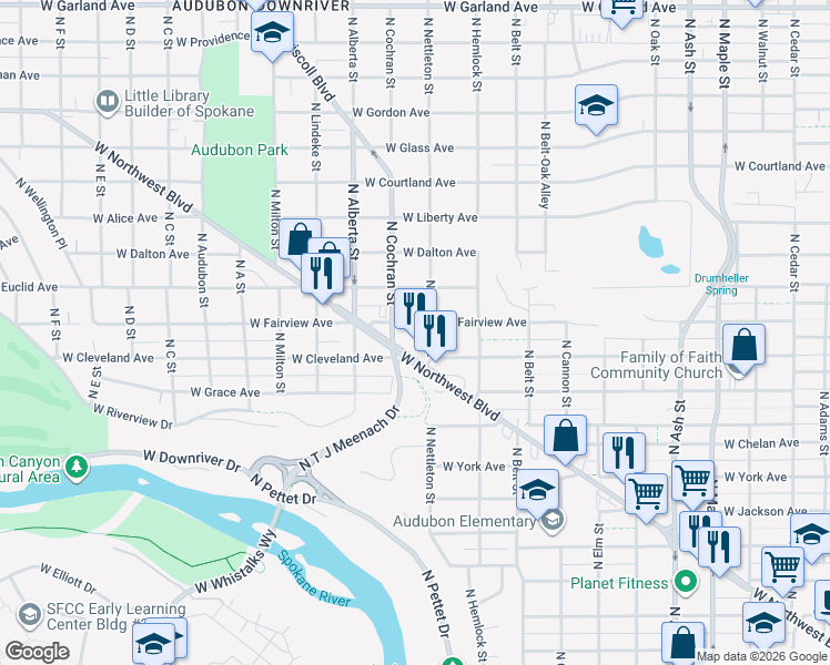 map of restaurants, bars, coffee shops, grocery stores, and more near 2411 West Fairview Avenue in Spokane