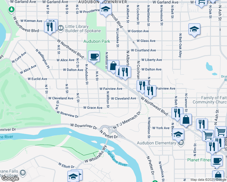 map of restaurants, bars, coffee shops, grocery stores, and more near 2715 West Fairview Avenue in Spokane