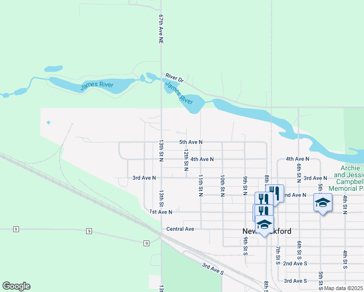 map of restaurants, bars, coffee shops, grocery stores, and more near 1203 5th Avenue North in New Rockford