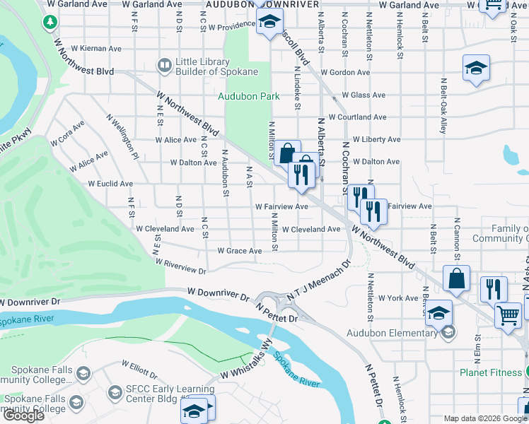 map of restaurants, bars, coffee shops, grocery stores, and more near 2811 West Fairview Avenue in Spokane