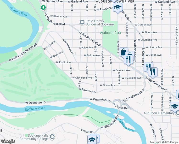 map of restaurants, bars, coffee shops, grocery stores, and more near 3123 West Fairview Avenue in Spokane