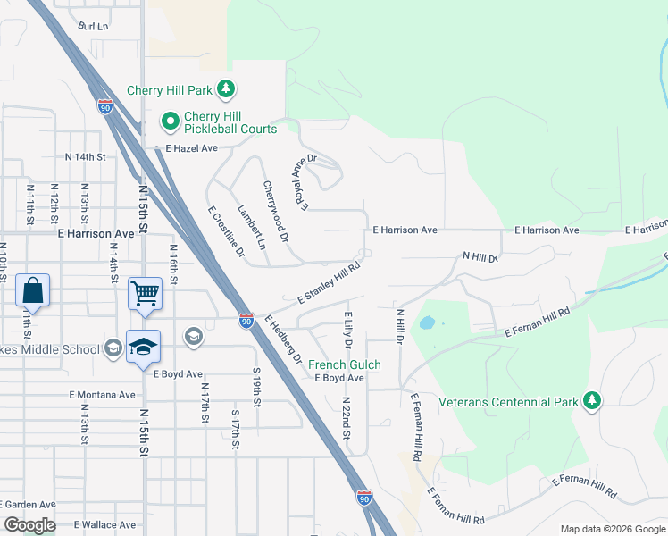 map of restaurants, bars, coffee shops, grocery stores, and more near 2140 Crestline Drive in Coeur d'Alene