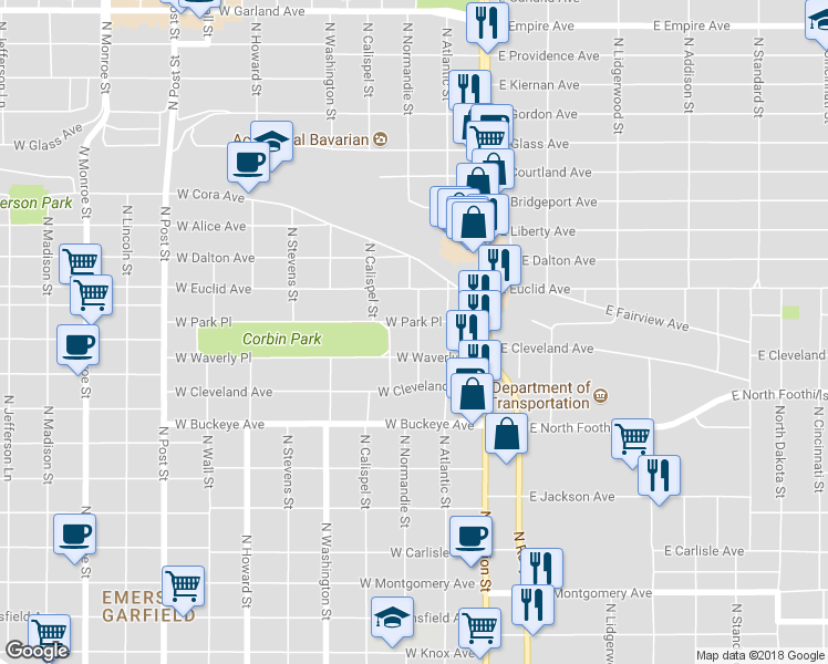 map of restaurants, bars, coffee shops, grocery stores, and more near 203 West Park Place in Spokane