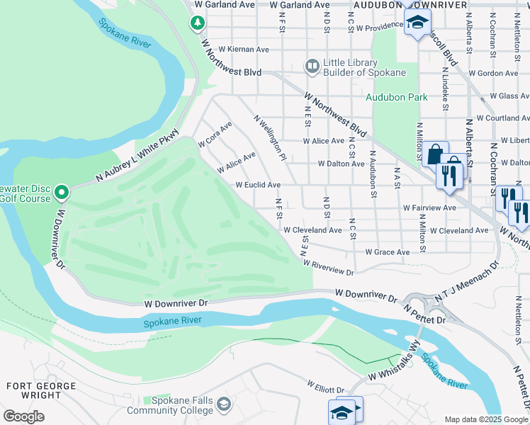 map of restaurants, bars, coffee shops, grocery stores, and more near 3430 W Riverview Dr in Spokane