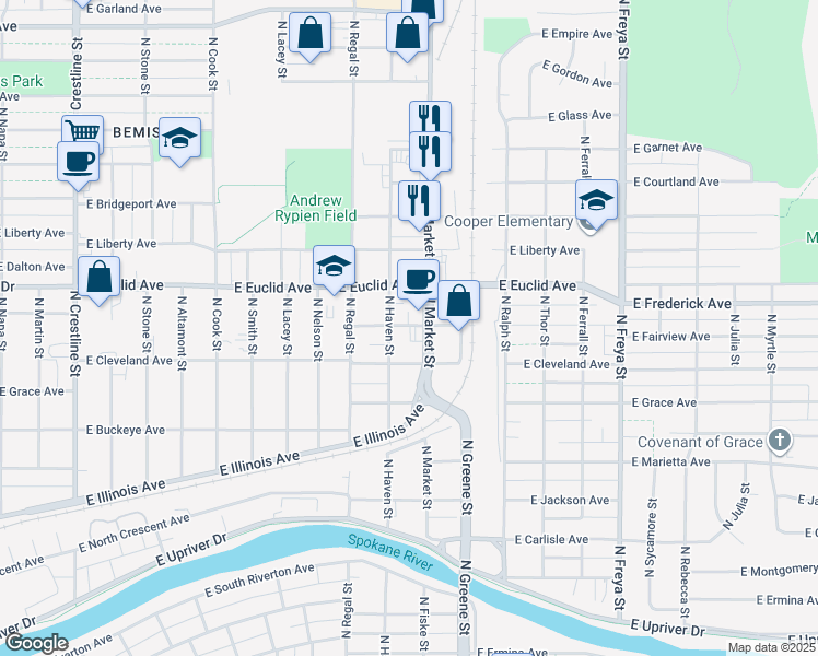 map of restaurants, bars, coffee shops, grocery stores, and more near 3012 East Fairview Avenue in Spokane