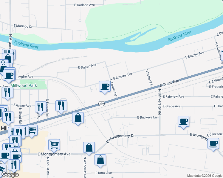 map of restaurants, bars, coffee shops, grocery stores, and more near 3011 North Fowler Road in Spokane