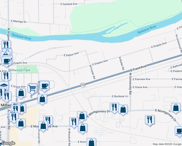 map of restaurants, bars, coffee shops, grocery stores, and more near 3011 North Fowler Road in Spokane