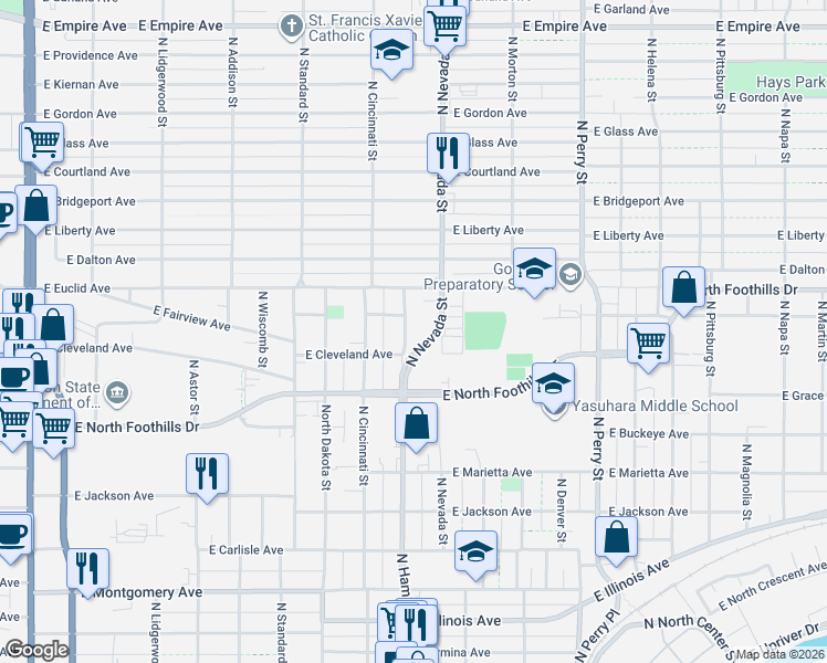 map of restaurants, bars, coffee shops, grocery stores, and more near 2919 North Nevada Street in Spokane