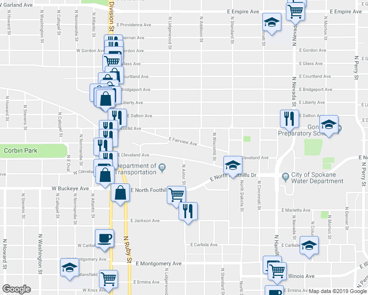 map of restaurants, bars, coffee shops, grocery stores, and more near 404 East Fairview Avenue in Spokane