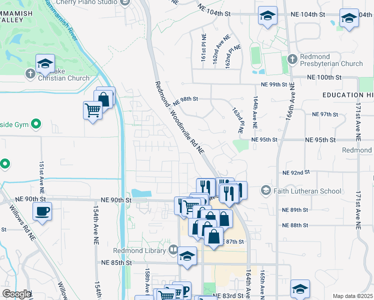 map of restaurants, bars, coffee shops, grocery stores, and more near 16036 Northeast 94th Way in Redmond