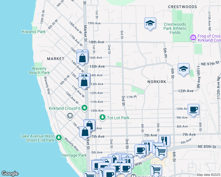 map of restaurants, bars, coffee shops, grocery stores, and more near 146 12th Avenue in Kirkland