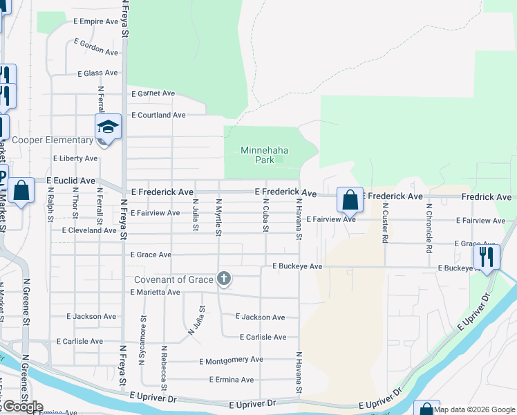 map of restaurants, bars, coffee shops, grocery stores, and more near 4115 East Fairview Avenue in Spokane