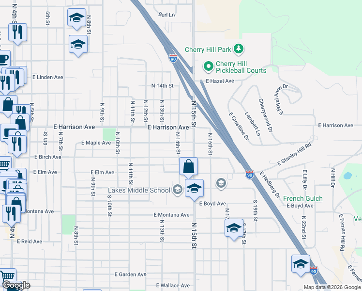 map of restaurants, bars, coffee shops, grocery stores, and more near 1404 East Maple Avenue in Coeur d'Alene