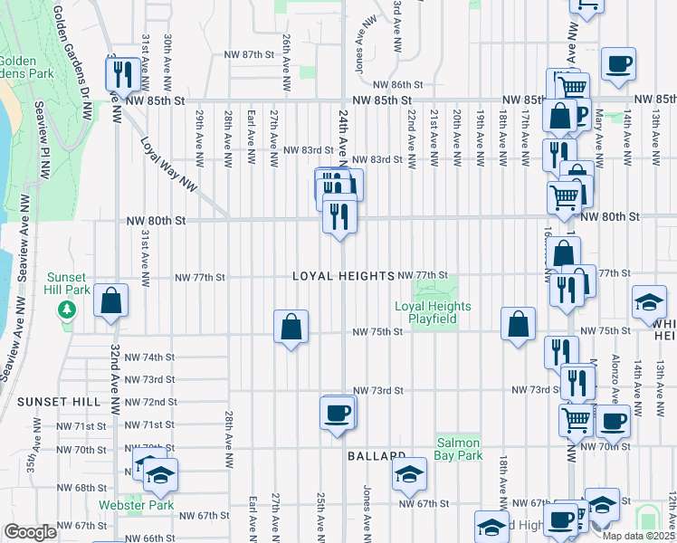 map of restaurants, bars, coffee shops, grocery stores, and more near 7701 24th Avenue Northwest in Seattle