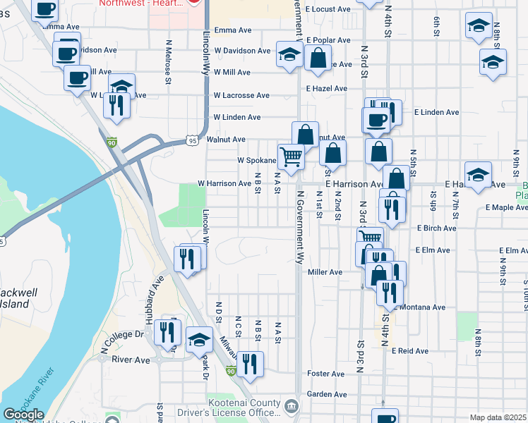 map of restaurants, bars, coffee shops, grocery stores, and more near 1058 North B Street in Coeur d'Alene
