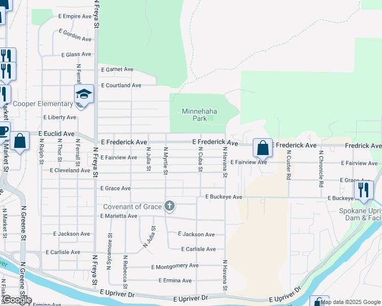 map of restaurants, bars, coffee shops, grocery stores, and more near 4115 E Fairview Ave in Spokane