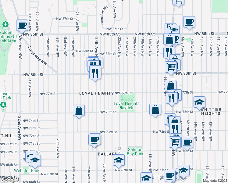 map of restaurants, bars, coffee shops, grocery stores, and more near 7700 23rd Avenue Northwest in Seattle