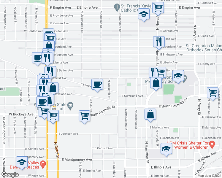 map of restaurants, bars, coffee shops, grocery stores, and more near 555 East Fairview Avenue in Spokane