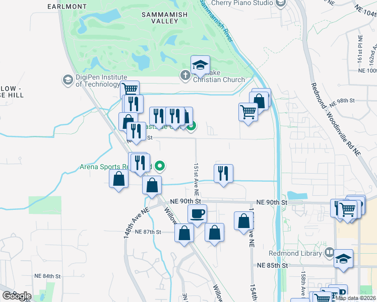 map of restaurants, bars, coffee shops, grocery stores, and more near 9345 151st Avenue Northeast in Redmond