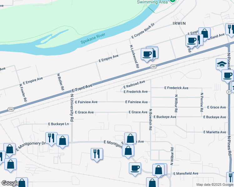 map of restaurants, bars, coffee shops, grocery stores, and more near 11118 East Frederick Avenue in Spokane Valley