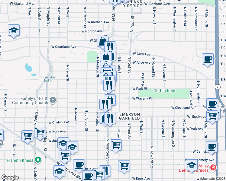 map of restaurants, bars, coffee shops, grocery stores, and more near 918 West Fairview Avenue in Spokane