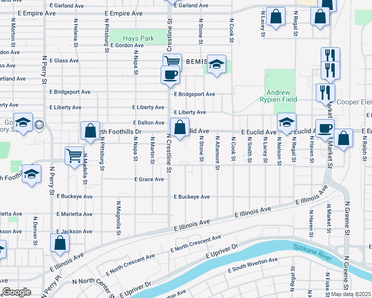 map of restaurants, bars, coffee shops, grocery stores, and more near 2939 North Stone Street in Spokane