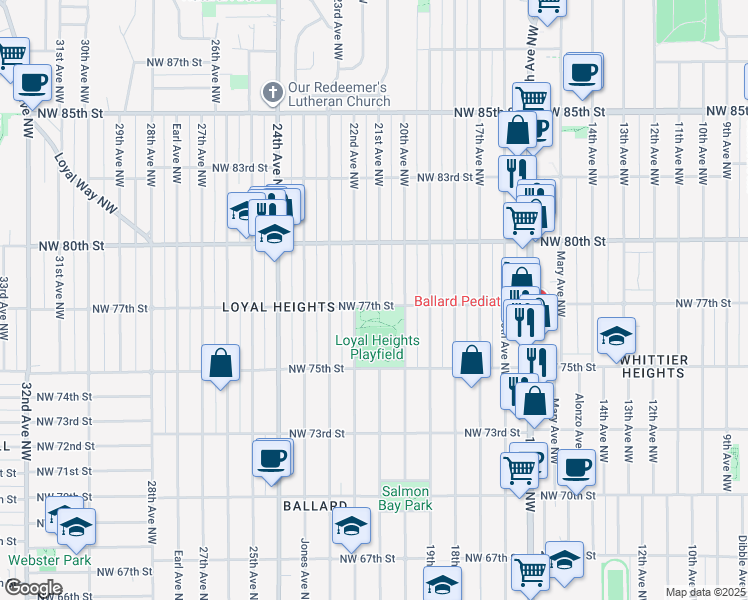 map of restaurants, bars, coffee shops, grocery stores, and more near 2102 Northwest 77th Street in Seattle