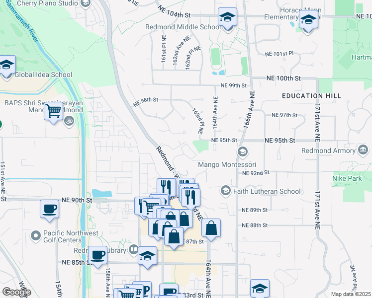 map of restaurants, bars, coffee shops, grocery stores, and more near 9446 Redmond-Woodinville Road Northeast in Redmond