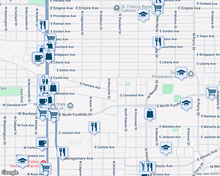 map of restaurants, bars, coffee shops, grocery stores, and more near 553 East Fairview Avenue in Spokane