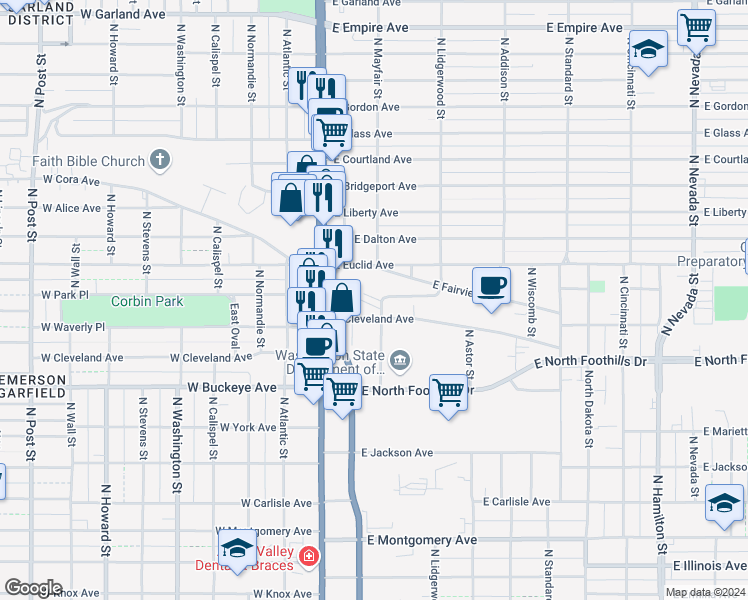 map of restaurants, bars, coffee shops, grocery stores, and more near 107 East Cleveland Avenue in Spokane