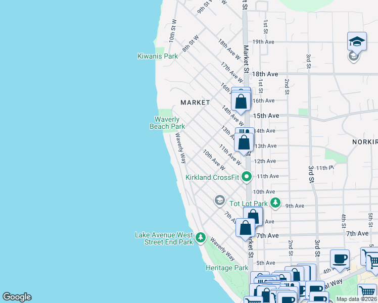 map of restaurants, bars, coffee shops, grocery stores, and more near 519 Waverly Way in Kirkland