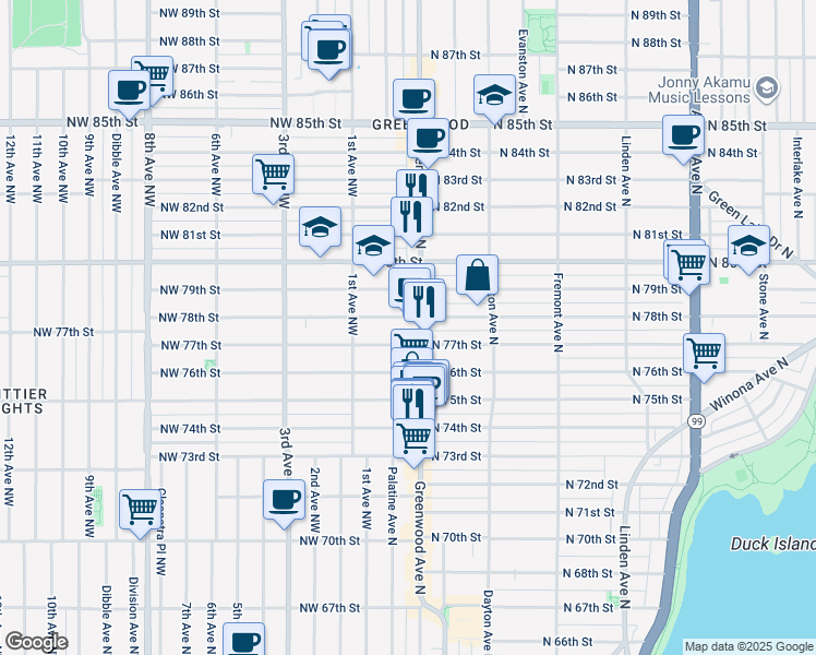 map of restaurants, bars, coffee shops, grocery stores, and more near 136 North 77th Street in Seattle