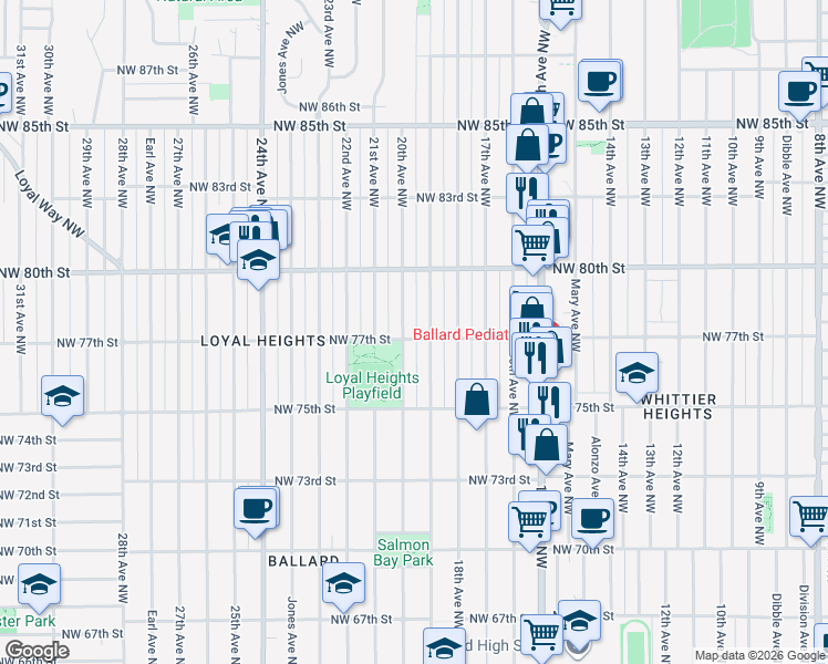 map of restaurants, bars, coffee shops, grocery stores, and more near 1919 Northwest 77th Street in Seattle