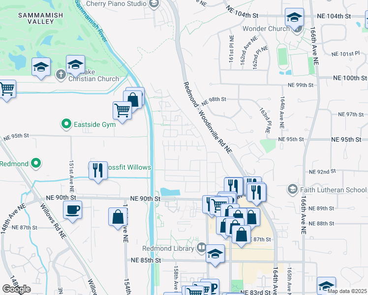 map of restaurants, bars, coffee shops, grocery stores, and more near 15829 Northeast 95th Way in Redmond