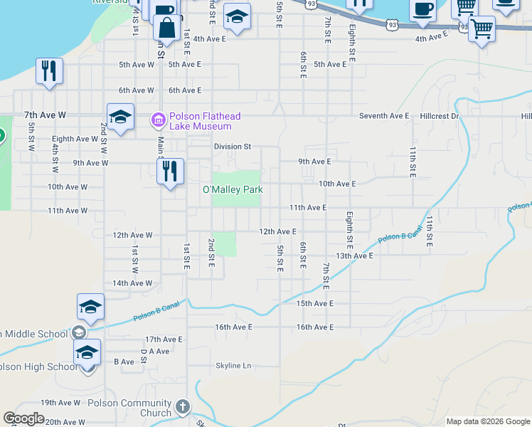 map of restaurants, bars, coffee shops, grocery stores, and more near 1106 4th Street East in Polson