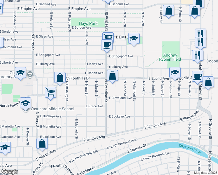 map of restaurants, bars, coffee shops, grocery stores, and more near 2932 North Crestline Street in Spokane