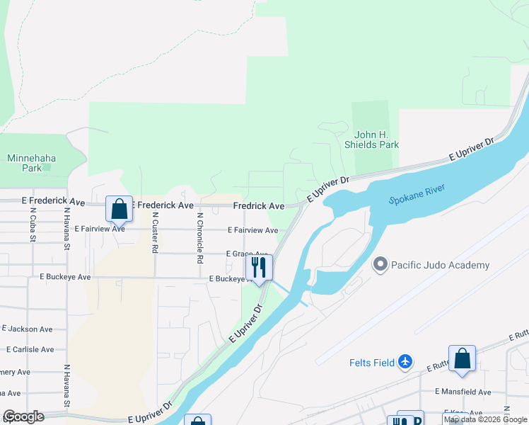 map of restaurants, bars, coffee shops, grocery stores, and more near 5124 East Frederick Avenue in Spokane