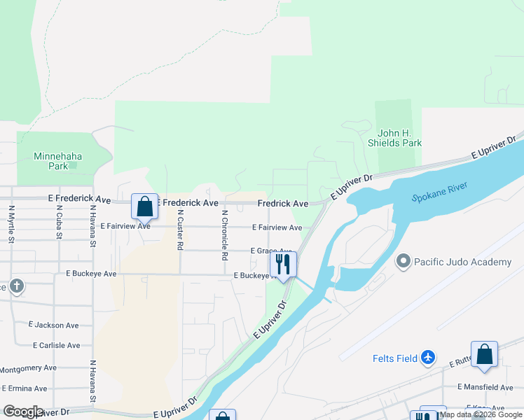 map of restaurants, bars, coffee shops, grocery stores, and more near 3005 North Carnahan Road in Spokane